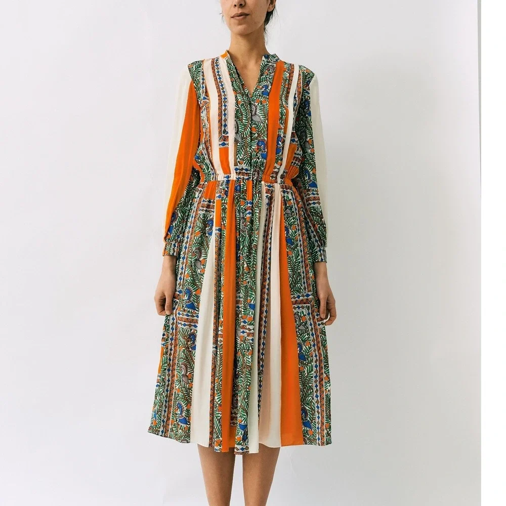 Tory Burch Orange Cream Silk Geometric Botanical Print Midi Dress Size‎ 2